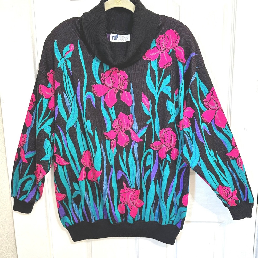 Vintage 80s Floral Turtleneck Sweater Black Pink Turquoise Womens 2X